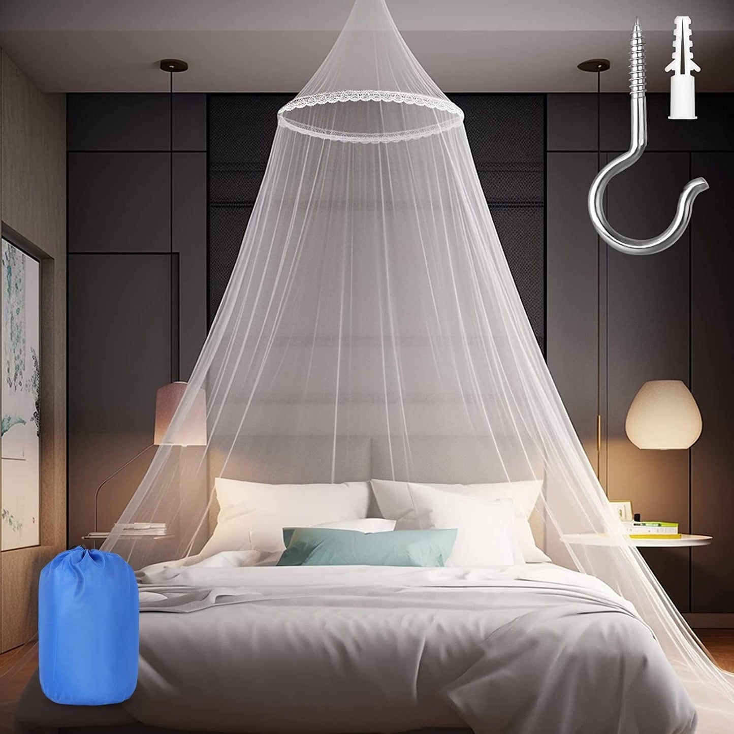 Mosquito Net for Bed, Large White Bed Canopy for Girls, Hanging Bed Net, Ideal for Bedroom Decorative, Travel with Storage Bag (Camping Mosquito Net) SL0028