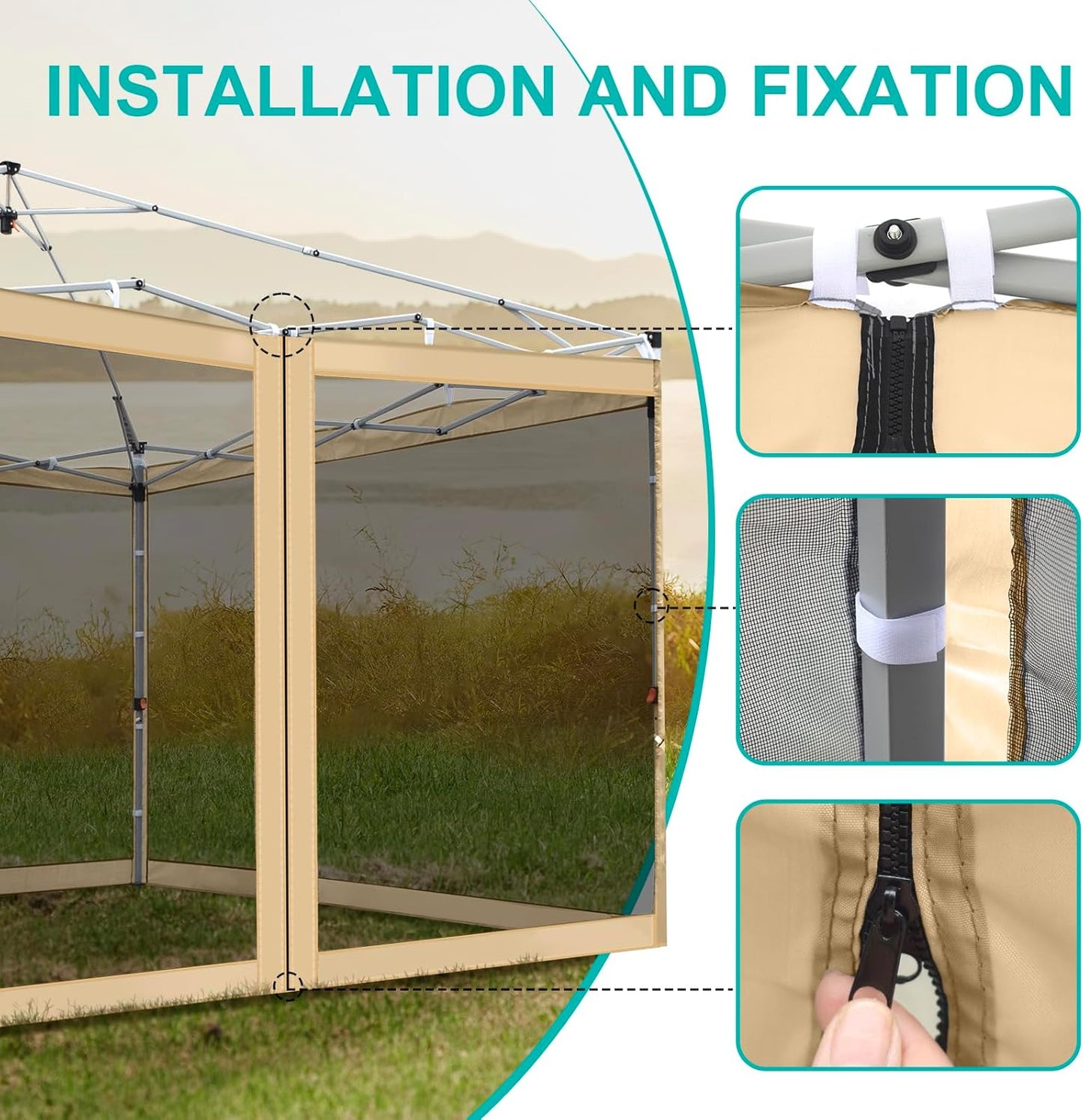 Canopy Mosquito Net for 10x10 Pop up Canopy Gazebo Tent, Replacement Netting Screen Mesh Sidewalls for Patio, Backyard, Camping, Outdoor Use (Net Only) (Sand)