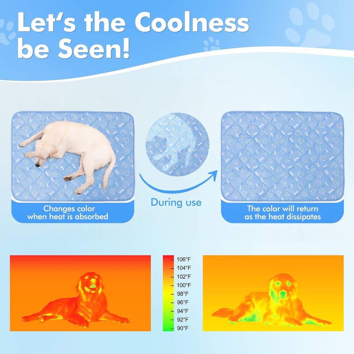 Rywell Dog Cooling Mat 2.0,44 * 32 Thicken Cooling Mat for Extra Large Dog, Internal Waterproof& Endothermic Color Changing Arc-Chill Cool Fiber(QMAX>0.5) for Pet in Summer, Washable, Non-Toxic