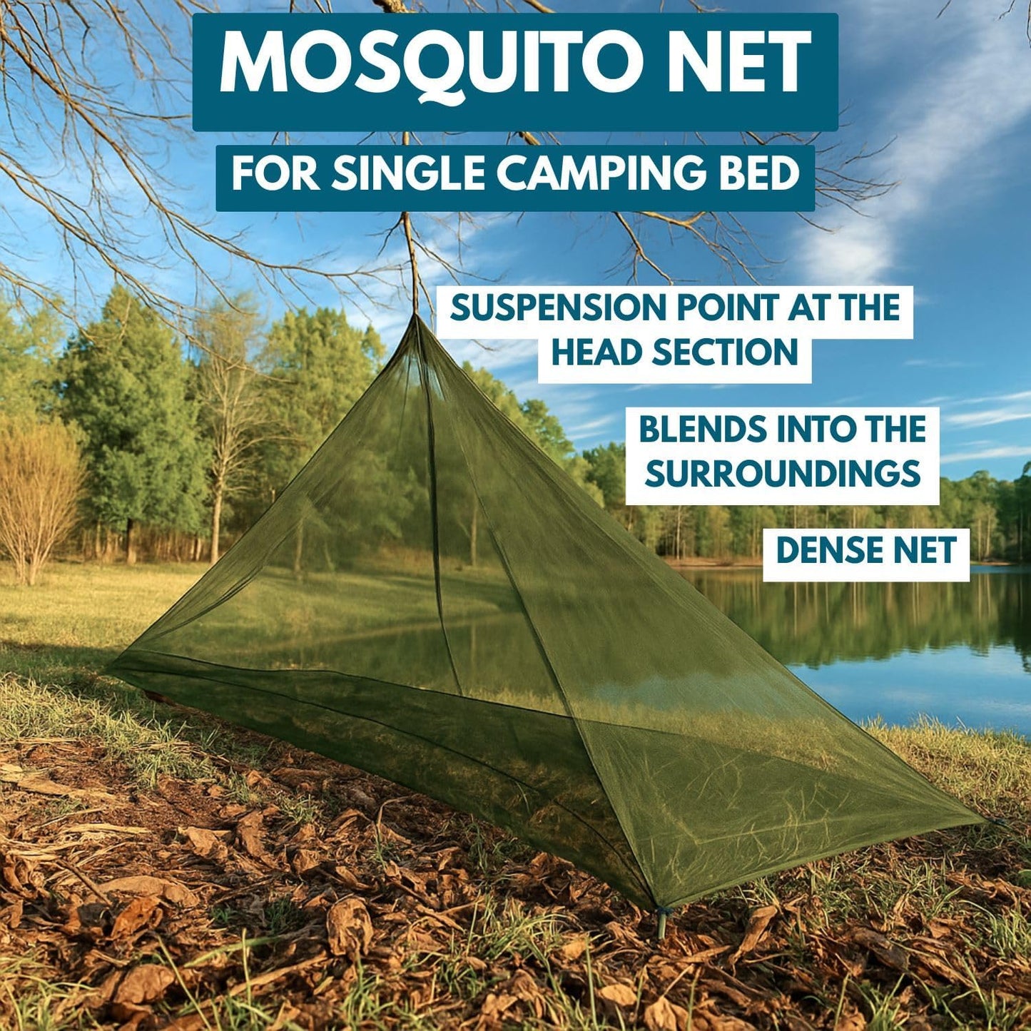 The Friendly Swede Outdoor Mosquito Net — Mosquito Netting for Camping & Bed; Army Green Bug Net with Stuff Sack, 4 Ground Stakes & Adjustable Cord; Single Bug Tent