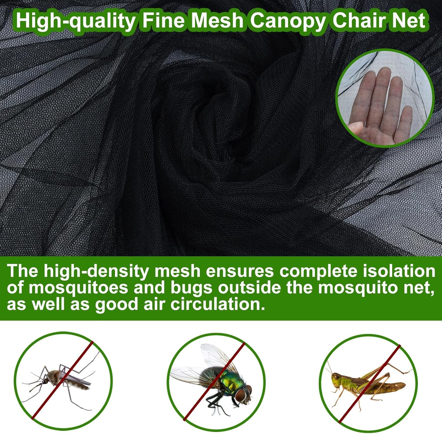 63" H Mosquito Net Cover for Canopy Chair, Bug Barrier Mosquitos Mesh Tent Black Chair Mosquito Netting with Zipper Opening 35"X32" Waterproof Roof for Fishing Camping Chairs Outdoors, Excluding Chair