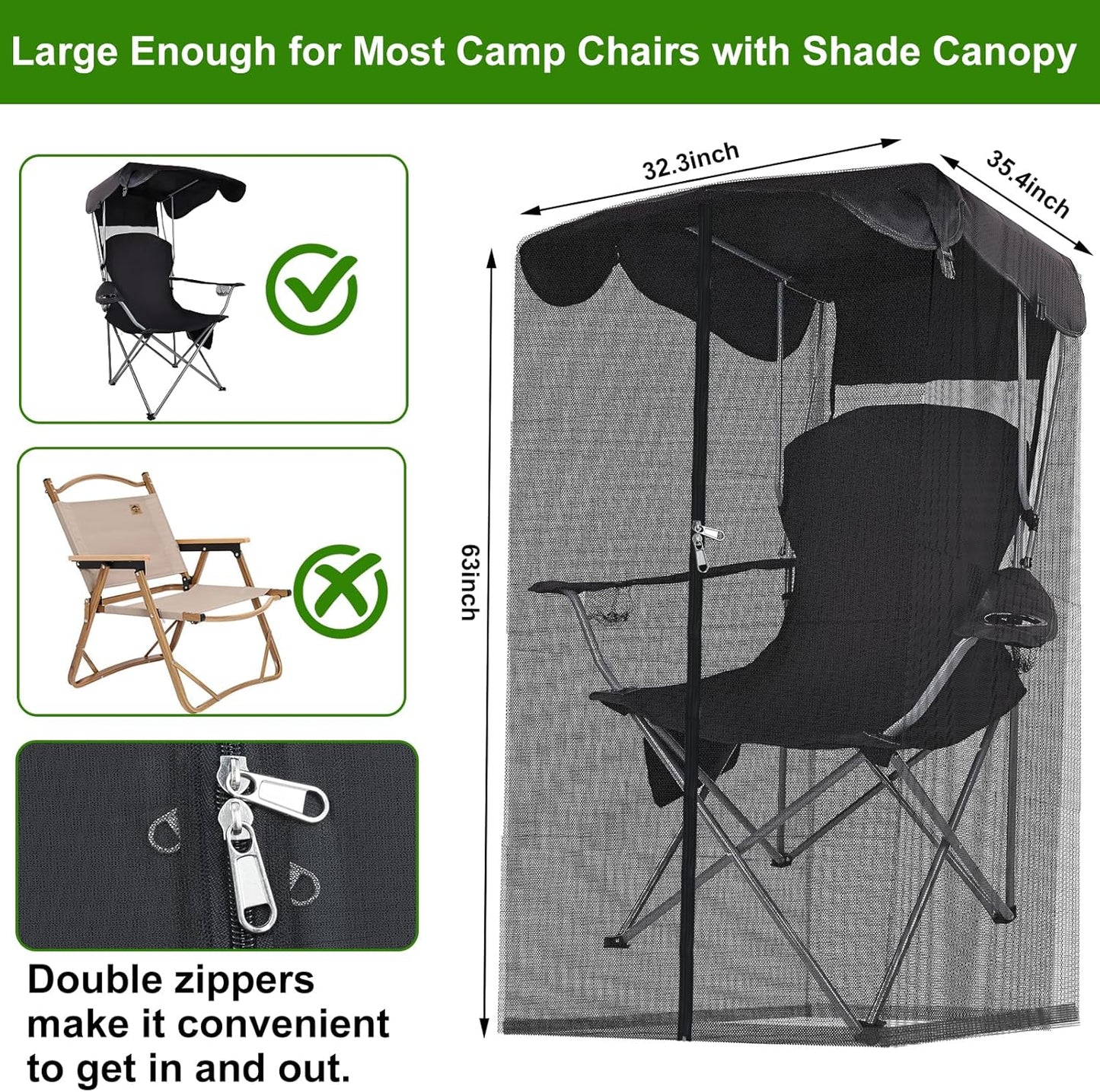63" H Mosquito Net Cover for Canopy Chair, Bug Barrier Mosquitos Mesh Tent Black Chair Mosquito Netting with Zipper Opening 35"X32" Waterproof Roof for Fishing Camping Chairs Outdoors, Excluding Chair