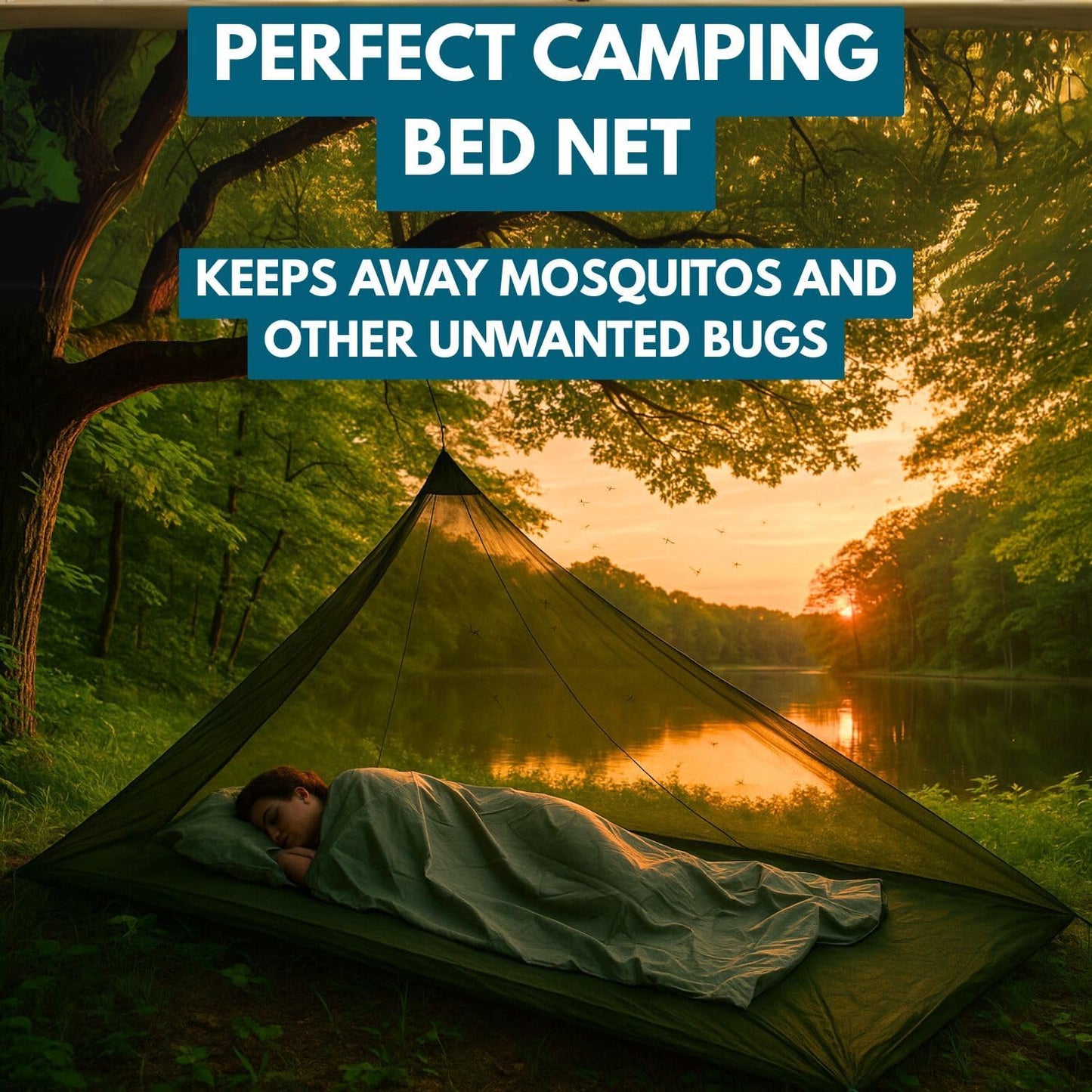 The Friendly Swede Outdoor Mosquito Net — Mosquito Netting for Camping & Bed; Army Green Bug Net with Stuff Sack, 4 Ground Stakes & Adjustable Cord; Single Bug Tent
