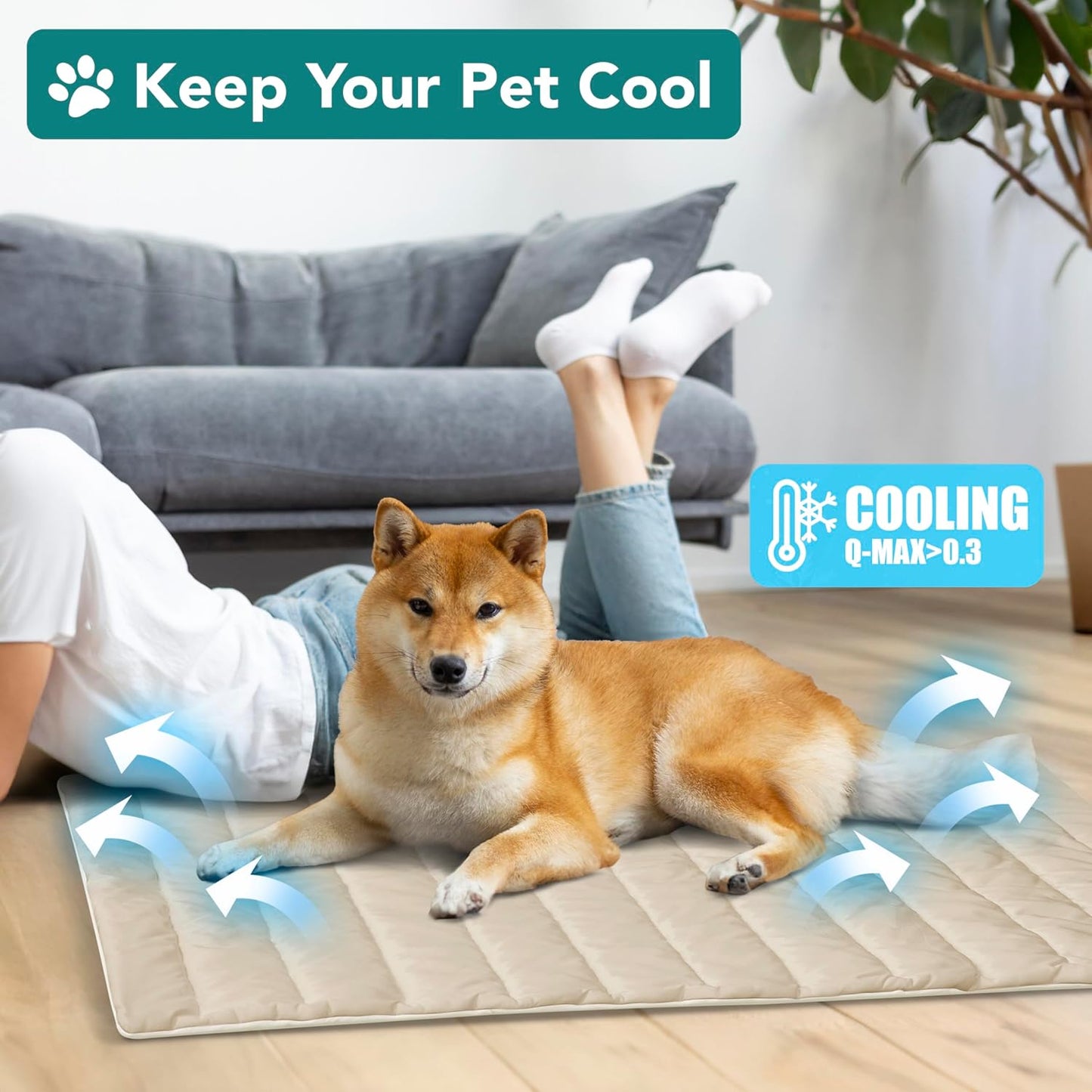 PetAmi Cooling Mat for Dog, Premium Pet Cooling Blanket for Crate Kennel, Indoor Cat Cool Sleeping Pad, Q-MAX Cold Sofa Couch Cover for Summer, Taupe/Beige, Small (24x32)
